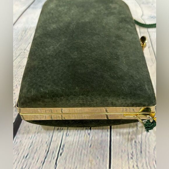 Sorpresa! Vintage Dark Green Suede Leather Evening Clutch Frame Clasp Purse - Picture 6 of 15